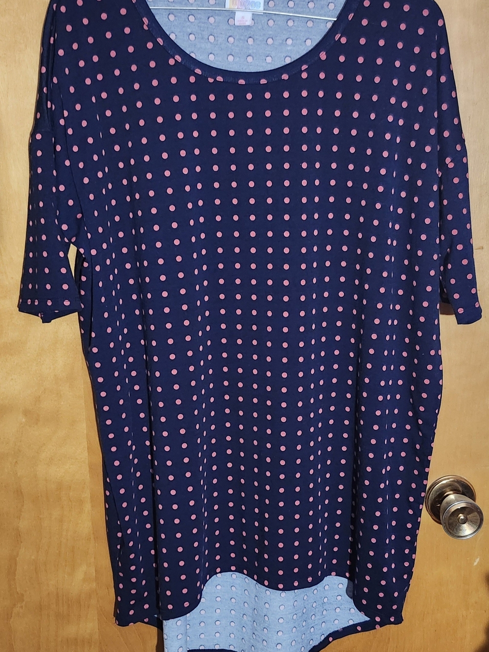 LuLaRoe Navy Top with Pink Polka Dots